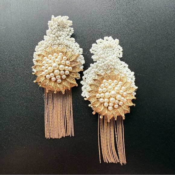 Jewelry - Vintage handmade gold brass, pearl and beaded long chandelier statement earrings